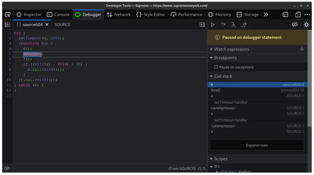 JScrambler's debugger trap being called from an eval context