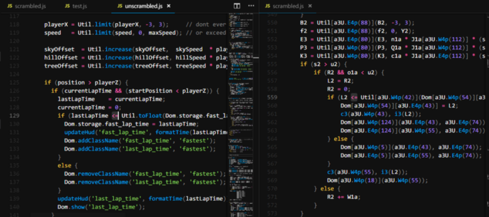 Original code on the left, Jscrambler protected code on right